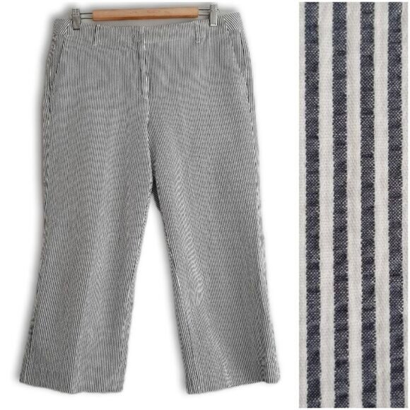 TALBOTS | Chelsea Crop Capri Seersucker Fabric Pants Stripe Gray White Sz 10 - Picture 1 of 13